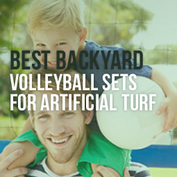 Playing volleyball in backyard on artificial turf