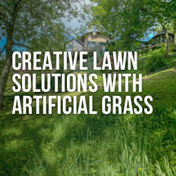 A landscape with natural grass and creative lawn solutions using artificial grass