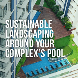 Top view of a residential complex with a sustainable pool landscape.