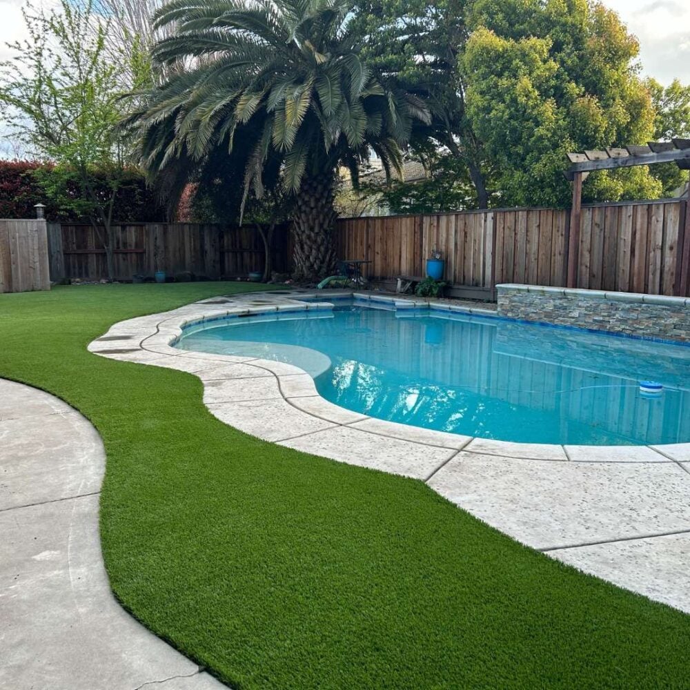 Swimming pool area featuring lush artificial turf surrounding a bright blue pool, complemented by palm trees and wooden fencing, showcasing a low-maintenance landscape ideal for outdoor relaxation.