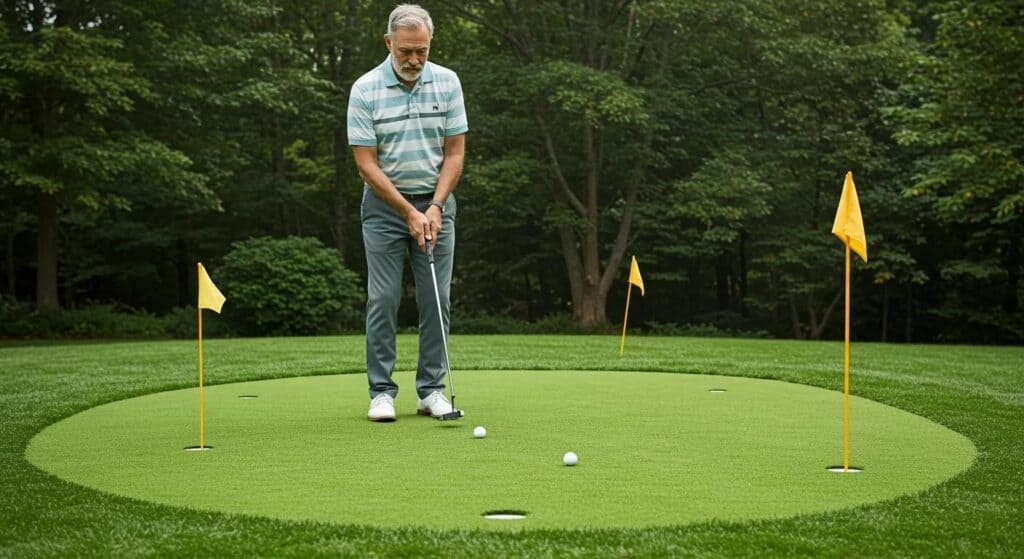 Man practicing putting on a Heavenly Greens synthetic backyard putting green with multiple flags and golf balls, surrounded by greenery.