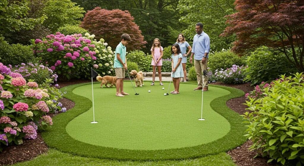 Family enjoying a putting green in a lush garden surrounded by colorful flowers and greenery.