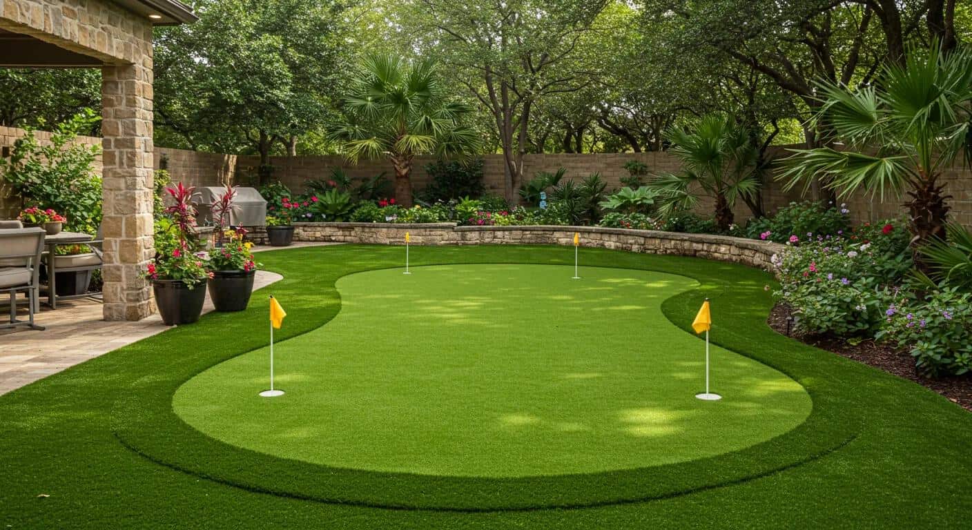 Backyard featuring artificial grass, a cornhole game with an American flag design, patio area with an umbrella and seating, surrounded by wooden fencing and greenery, showcasing outdoor living space ideas.