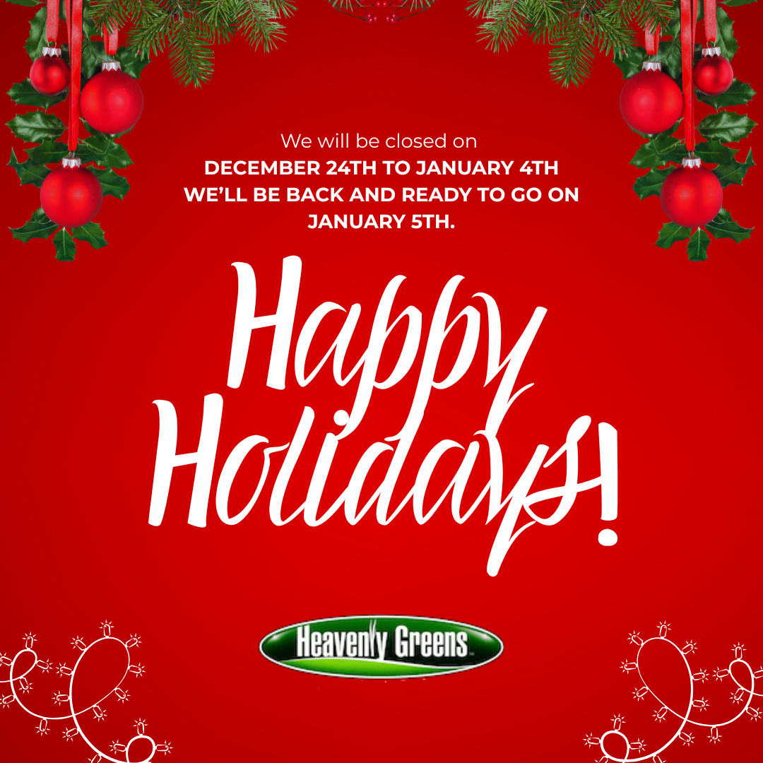 Happy Holidays greeting with festive decorations, including ornaments and greenery, featuring Heavenly Greens logo at the bottom.