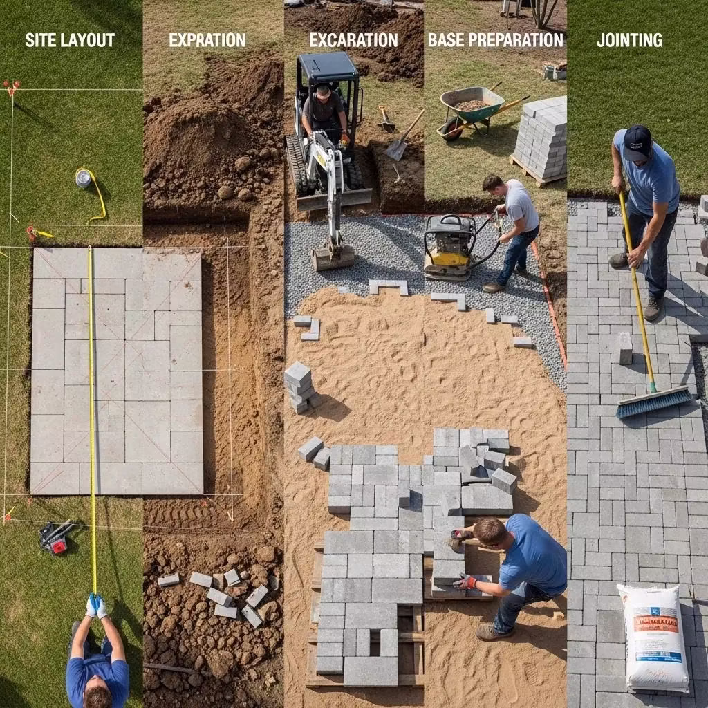 Image showing the step-by-step process of residential paver installation, including site layout, excavation, base preparation, and jointing, with workers using tools and machinery, relevant to DIY paver installation guidance by Heavenly Greens in San Jose, CA.