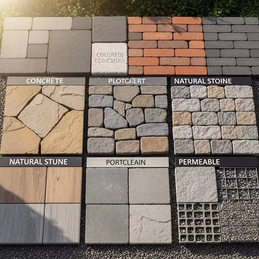 Paver material samples showcasing concrete, brick, natural stone, porcelain, and permeable options for residential installations by Heavenly Greens in San Jose, CA.