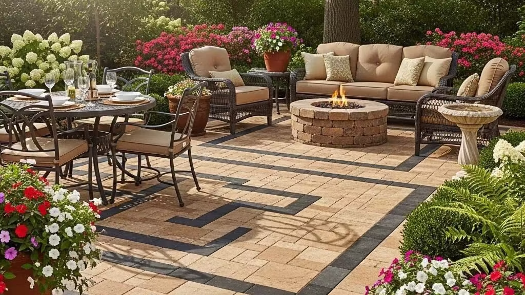 Elegant outdoor patio featuring residential pavers with a fire pit, seating area, and dining set, surrounded by vibrant flowers and greenery, showcasing landscaping solutions by Heavenly Greens in San Jose, CA.