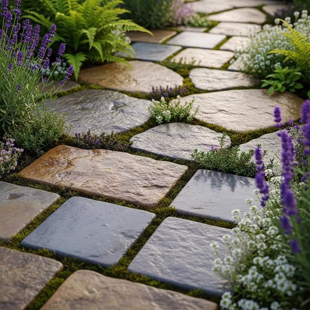 Natural stone pavers in earthy tones, surrounded by lush greenery and flowers, illustrating a rustic garden pathway suitable for outdoor landscaping projects by Heavenly Greens in San Jose, CA.