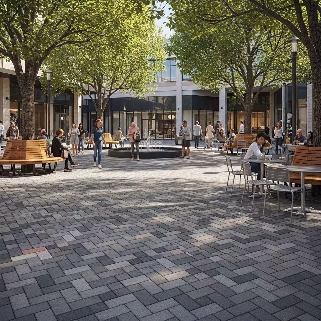 Outdoor plaza with interlocking concrete pavers, trees, benches, and people enjoying the space, illustrating durable paver solutions for commercial areas by Heavenly Greens in San Jose, CA.