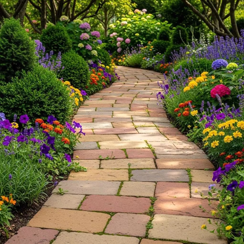 Colorful flower-lined pathway made of large-format pavers, surrounded by lush greenery, illustrating contemporary landscaping ideas from Heavenly Greens in San Jose, CA.