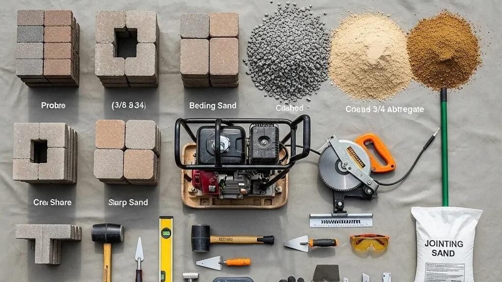 Tools and materials for paver installation, including interlocking pavers, bedding sand, crushed gravel, and various tools like a plate compactor and paver saw, arranged on a flat surface.