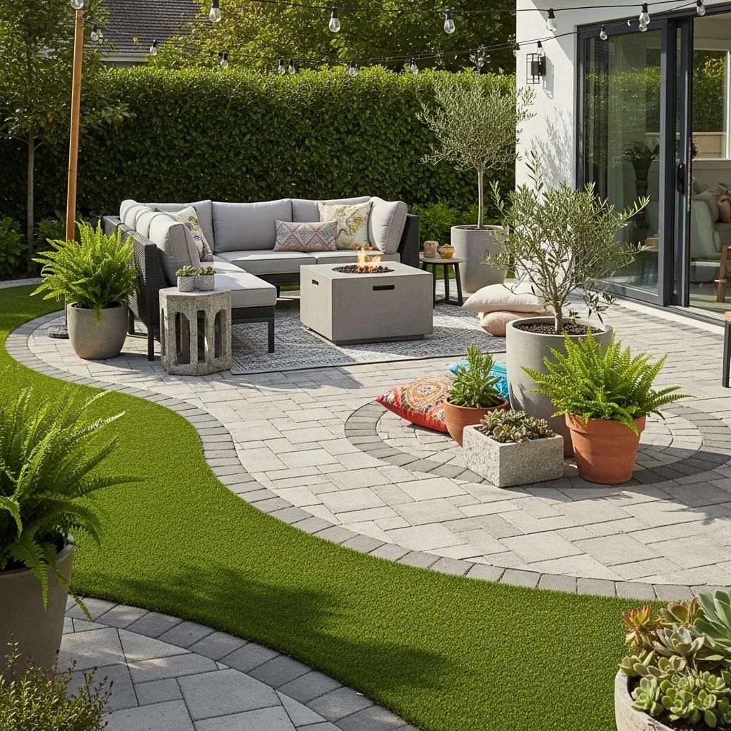 Patio area featuring interlocking pavers, artificial turf, and modern outdoor furniture, designed by Heavenly Greens in San Jose, CA, showcasing seamless transitions between landscaping elements.