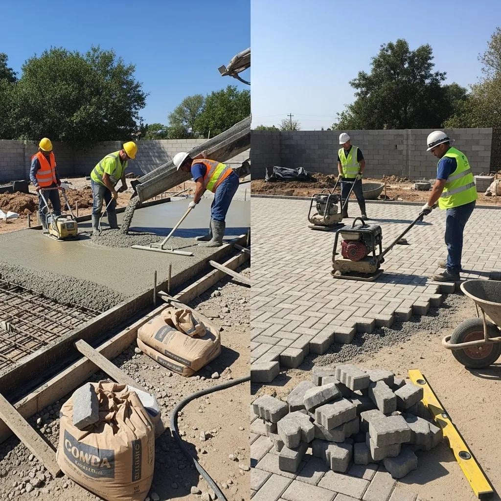Construction workers pouring concrete for a slab on the left and installing interlocking pavers on the right, showcasing techniques for outdoor surfaces related to residential patios and driveways, relevant to Heavenly Greens' expertise in landscape solutions.