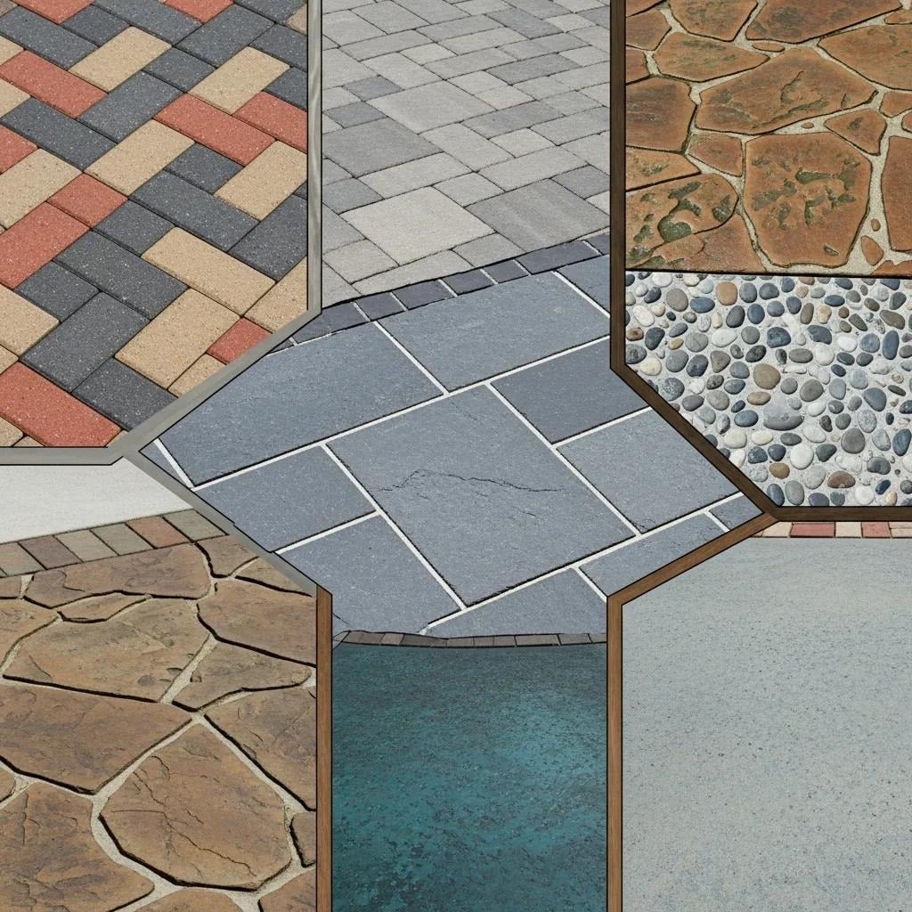 Variety of paver and concrete surface finishes, showcasing colors, textures, and patterns relevant to outdoor design options, emphasizing maintenance and aesthetic choices for landscaping projects by Heavenly Greens in San Jose, CA.