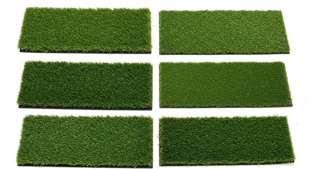 Samples of artificial turf showcasing different pile heights and textures, relevant for selecting the ideal turf for backyard putting greens by Heavenly Greens in San Jose, CA.
