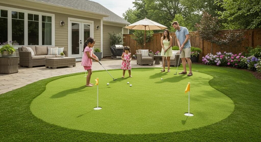 Family enjoying backyard putting green by Heavenly Greens in San Jose, CA, featuring vibrant artificial turf, golf flags, and a cozy outdoor setting.