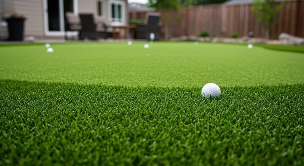 Backyard putting green installation by Heavenly Greens in San Jose, CA, featuring vibrant artificial turf, golf balls, and a low-maintenance landscape design enhancing curb appeal.