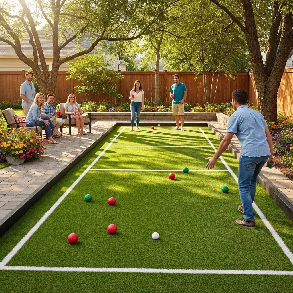 Group of people enjoying a game of bocce ball on an artificial turf court in a backyard, surrounded by greenery and flowers, with two players actively participating and spectators seated nearby.