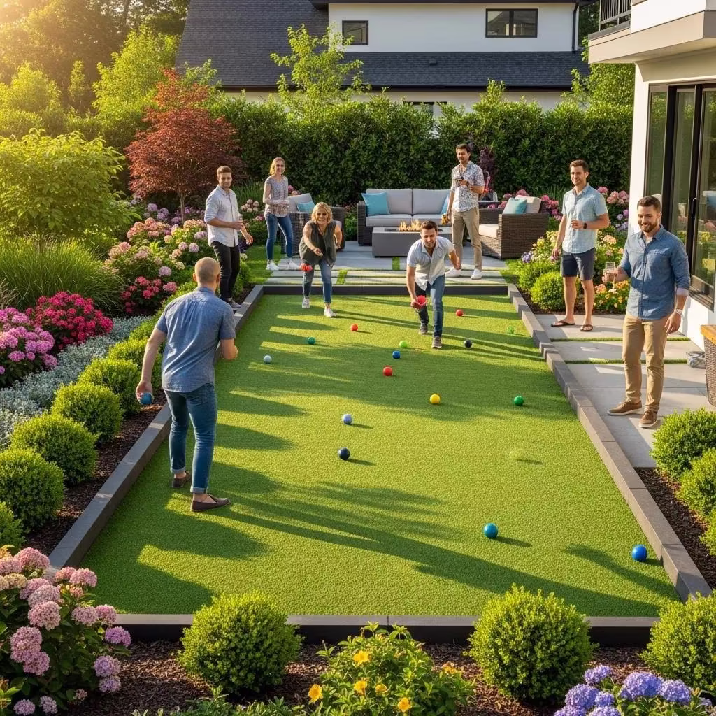 Group of people playing bocce ball on an artificial turf court surrounded by colorful flowers and greenery in a residential backyard setting.