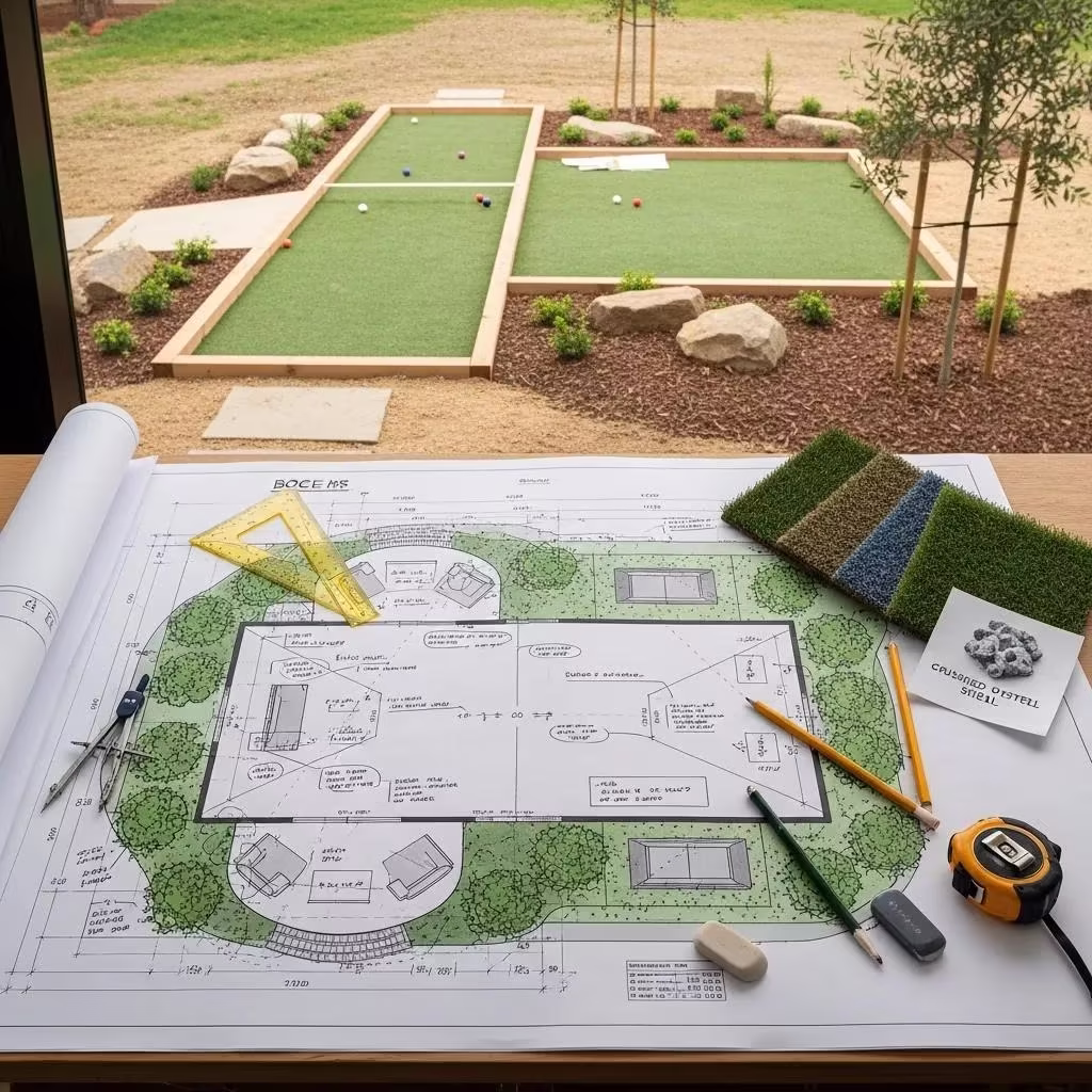 Bocce court design blueprint with artificial turf installation in background, featuring bocce balls and landscaping elements.