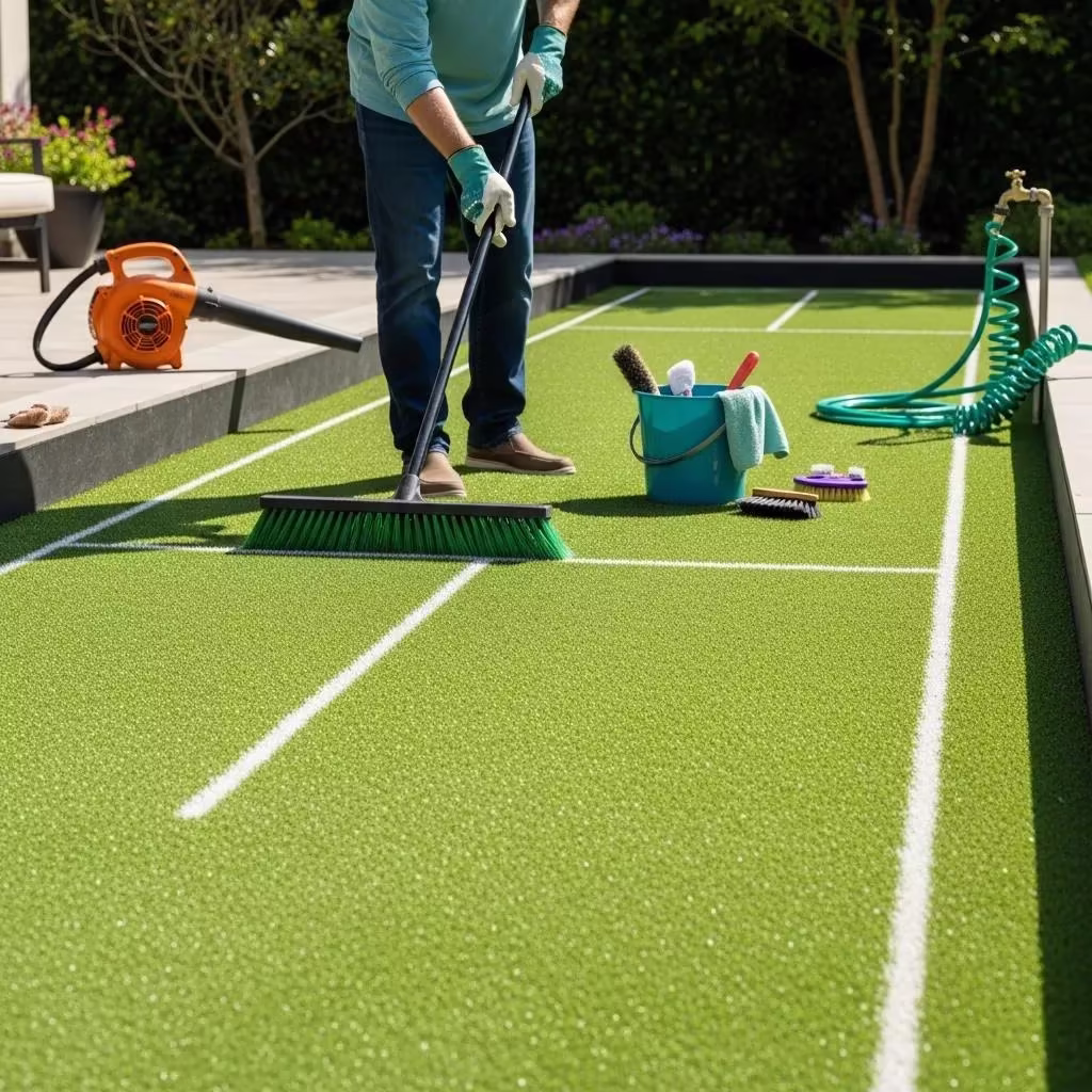 Person maintaining an artificial turf bocce court with a broom, cleaning tools, and a hose in a residential outdoor setting.