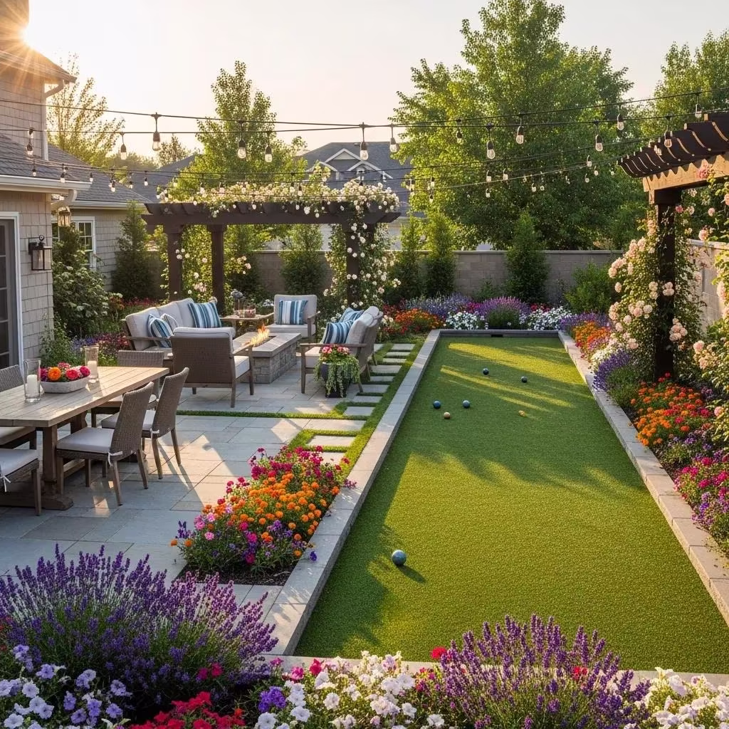 Backyard bocce ball court featuring artificial turf, surrounded by vibrant flowers and seating area, integrated into a landscaped outdoor space.