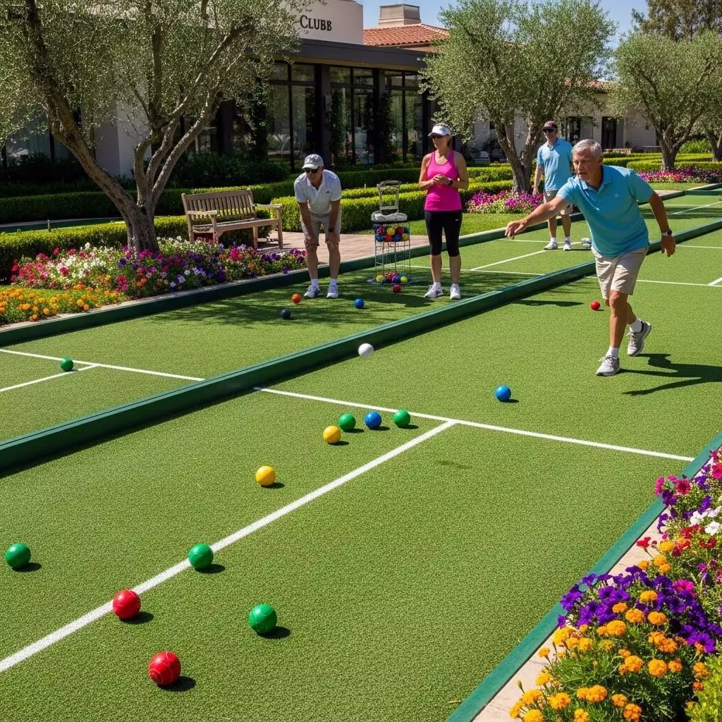 Group of four people playing bocce ball on artificial turf court surrounded by colorful flowers and greenery, showcasing the benefits of turf in bocce ball court design.