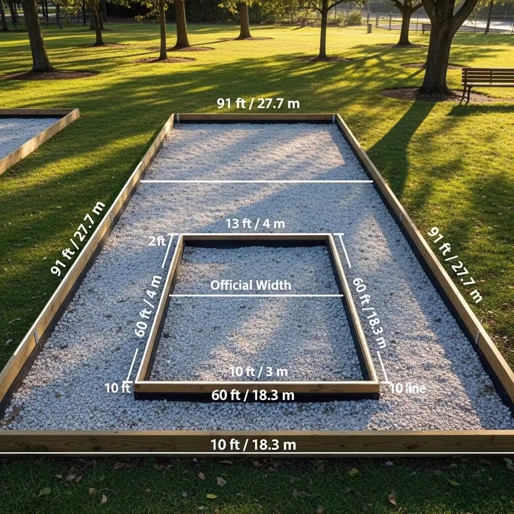 Artificial turf bocce ball court dimensions with marked measurements, including official width and length, set in a park-like environment, illustrating planning guidelines for installation by Heavenly Greens in San Jose, CA.