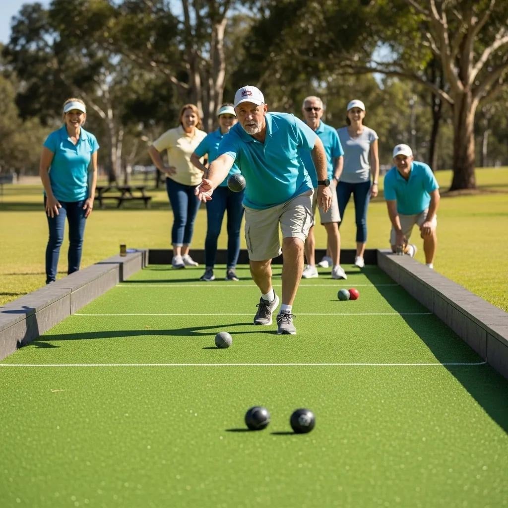 Group of people playing bocce ball on an artificial turf court, showcasing the game's social aspect and the court's low-maintenance surface in a sunny outdoor setting.