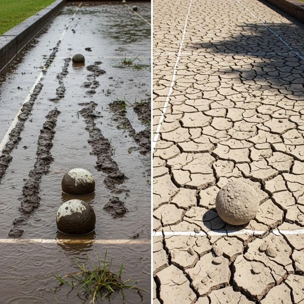 Bocce court showing muddy surface with balls on the left and cracked dry surface with a ball on the right, illustrating challenges of traditional bocce surfaces affected by weather conditions.