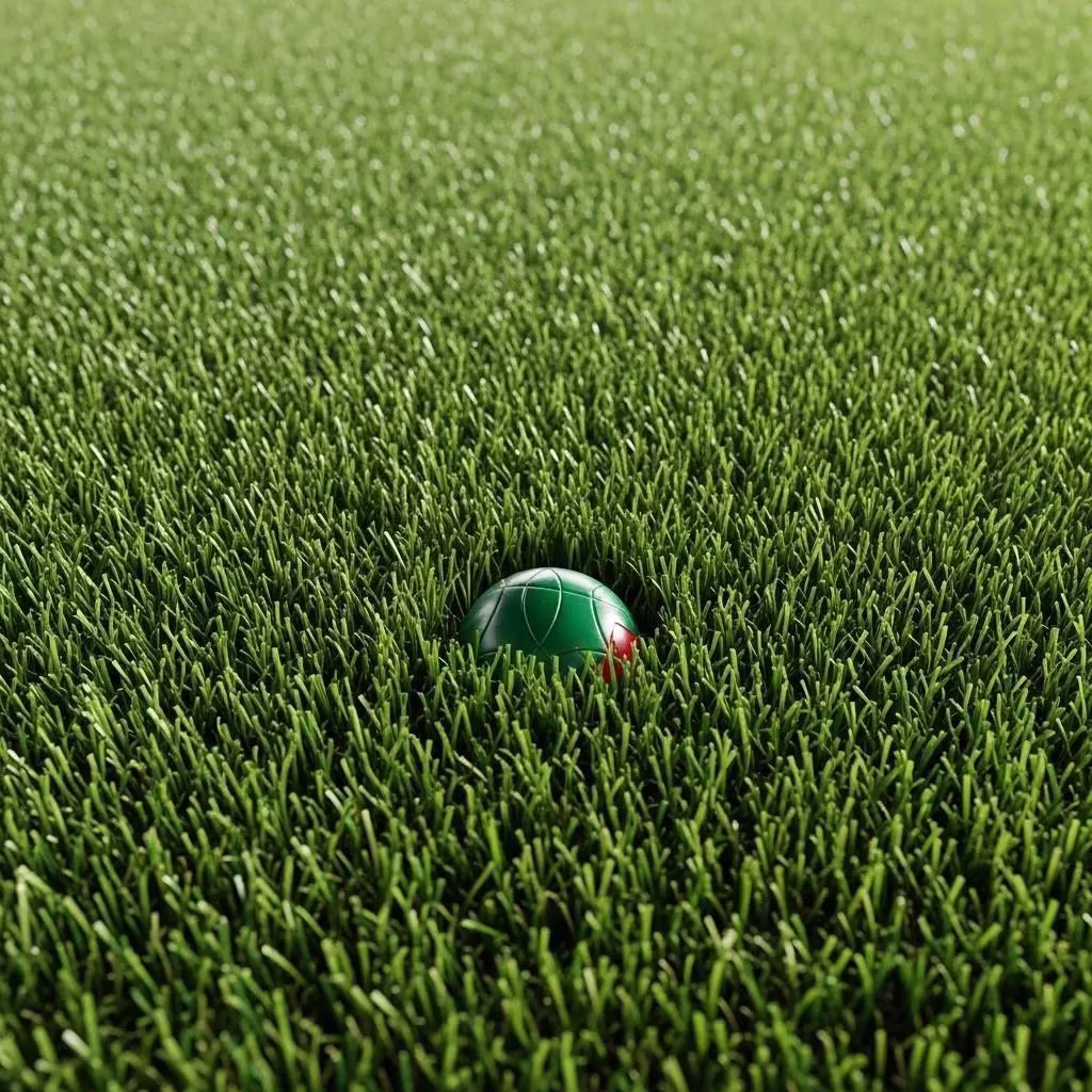 Green artificial turf with a bocce ball partially embedded, illustrating the surface's durability and suitability for consistent play in bocce ball courts.