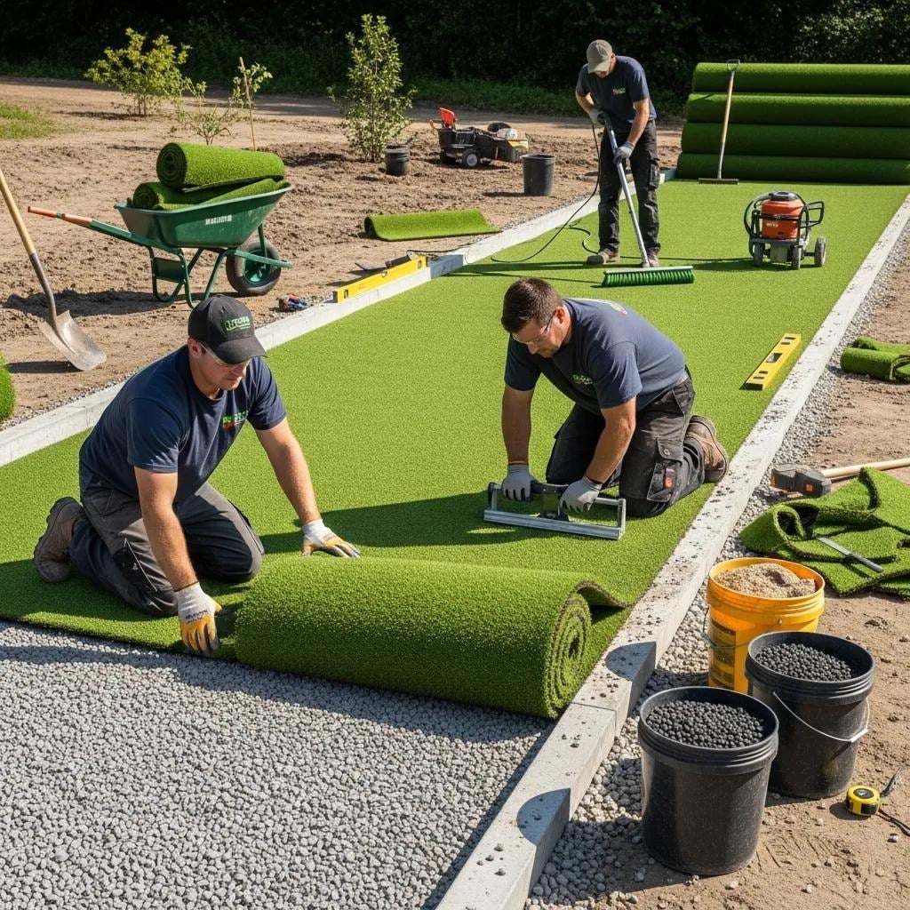 Workers installing artificial turf on a bocce court, rolling out green grass and using tools for a smooth finish, with materials like gravel and buckets nearby.