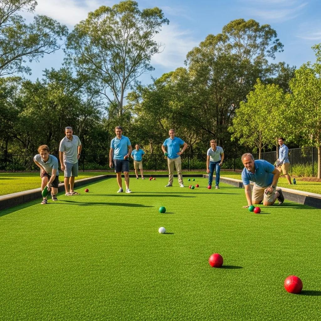 Group of people playing bocce ball on a synthetic turf court, showcasing various colored balls on a well-maintained, level surface surrounded by trees, emphasizing the benefits of artificial turf for consistent ball roll.