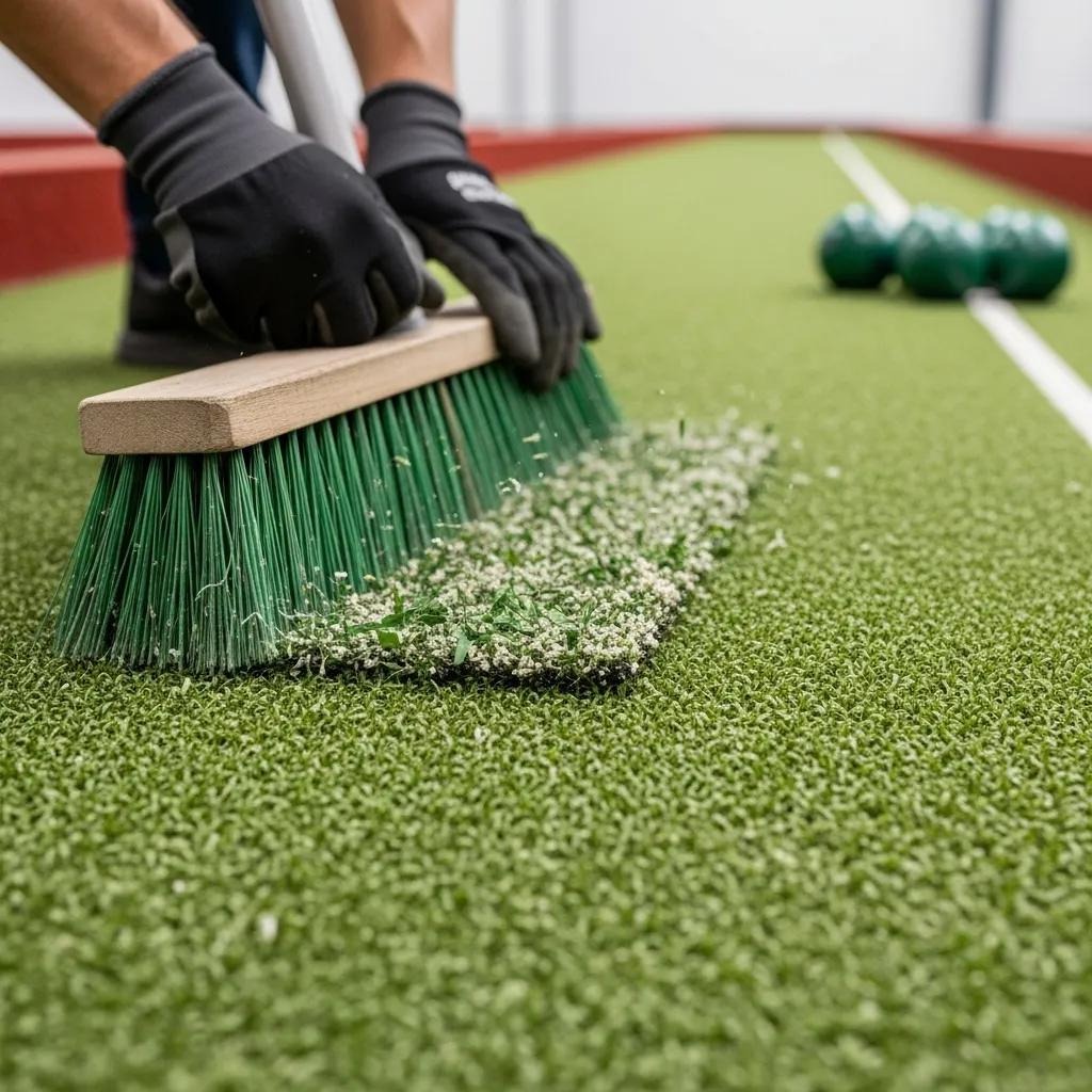 Person using a stiff-bristled broom to maintain artificial turf on a bocce court, clearing debris and ensuring a consistent playing surface.