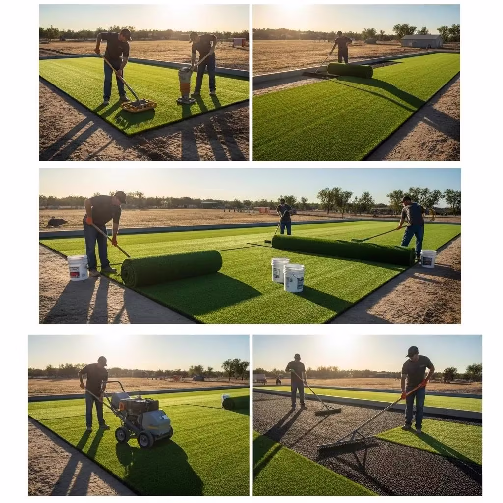Men installing artificial turf for a bocce ball court, showcasing various installation steps including rolling out turf, applying infill, and leveling the surface, in a sunlit outdoor setting by Heavenly Greens in San Jose, CA.