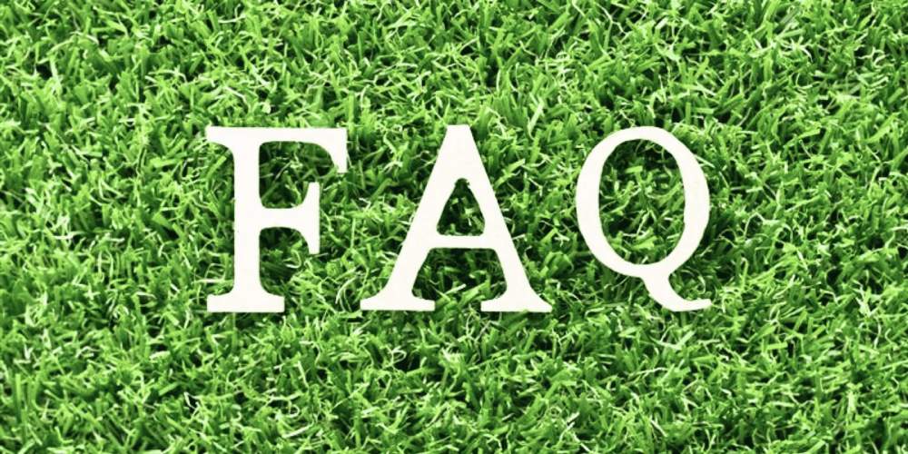 FAQ text overlay on vibrant artificial grass background, emphasizing common inquiries about artificial turf benefits and maintenance.