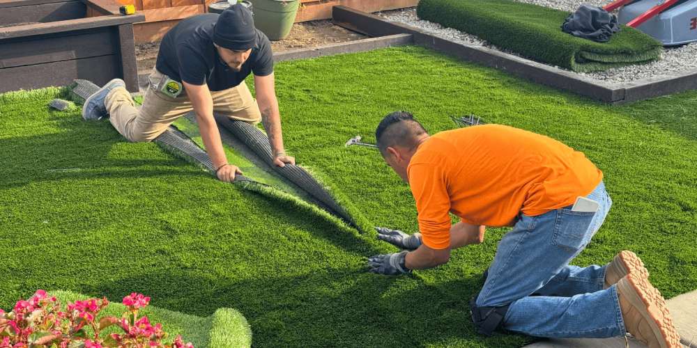 Two workers installing artificial grass in a backyard, demonstrating turf application techniques, with vibrant green synthetic lawn and surrounding landscaping.