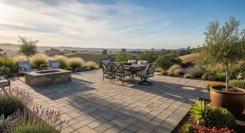 Paver patio with dining set and fire pit, surrounded by lush landscaping and scenic Bay Area hills, showcasing outdoor living benefits by Heavenly Greens in San Jose, CA.
