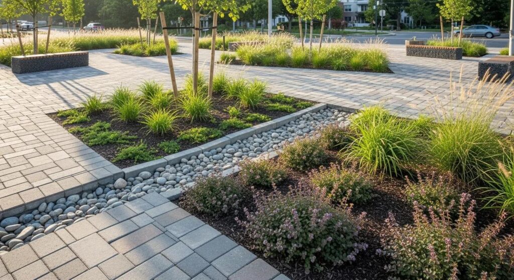 Paver installation featuring varied textures and colors, integrated with landscaping elements like grasses and flowering plants, highlighting design flexibility and environmental benefits in outdoor spaces by Heavenly Greens in San Jose, CA.