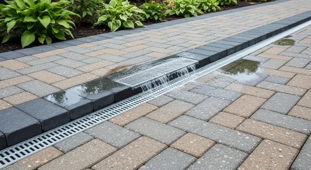 Drainage channel with water runoff alongside paver stones in landscaped area, highlighting effective drainage management for paver installations by Heavenly Greens in San Jose, CA.