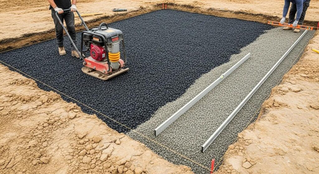 Workers using a plate compactor on a gravel base for paver installation, emphasizing proper soil preparation techniques for stability in landscaping projects by Heavenly Greens in San Jose, CA.