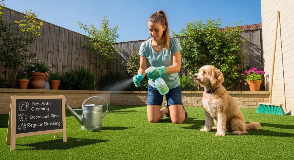 Woman kneeling on artificial grass lawn applying pet-safe cleaner, with a dog sitting nearby and a sign listing cleaning practices, in a well-maintained backyard garden by Heavenly Greens in San Jose, CA.